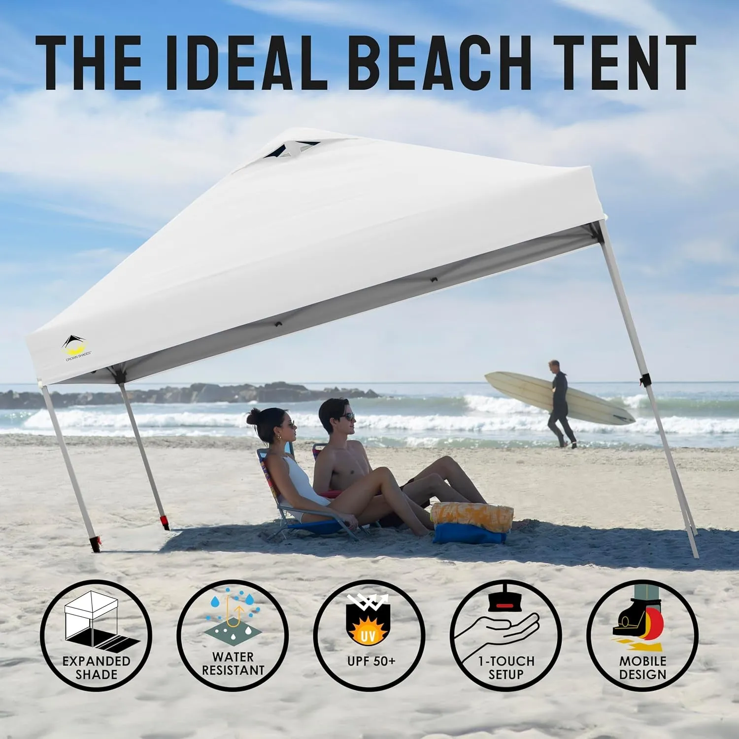 10X10 Pop up Canopy - Beach Tent with One Push Setup - Easy Outdoor Sun Shade for Events, Parties, Camping - Gazebo with Sto-N-Go Cover Bag, Silver Coated Top, White