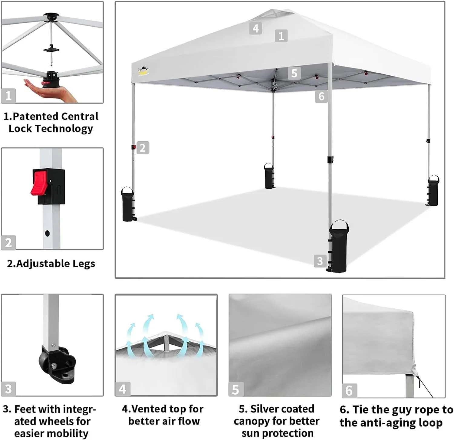 10X10 Pop up Canopy - Beach Tent with One Push Setup - Easy Outdoor Sun Shade for Events, Parties, Camping - Gazebo with Sto-N-Go Cover Bag, Silver Coated Top, White