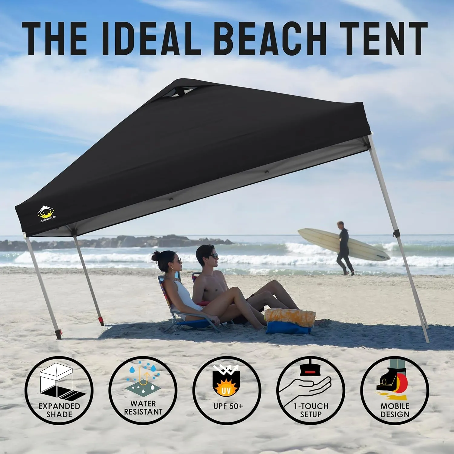 10X10 Pop up Canopy - Beach Tent with One Push Setup - Outdoor Sun Shade for Events, Parties, Camping - Gazebo with Sto-N-Go Cover Bag, Silver Coated Top, 3 Height& 4 Sand Bags, Coffee