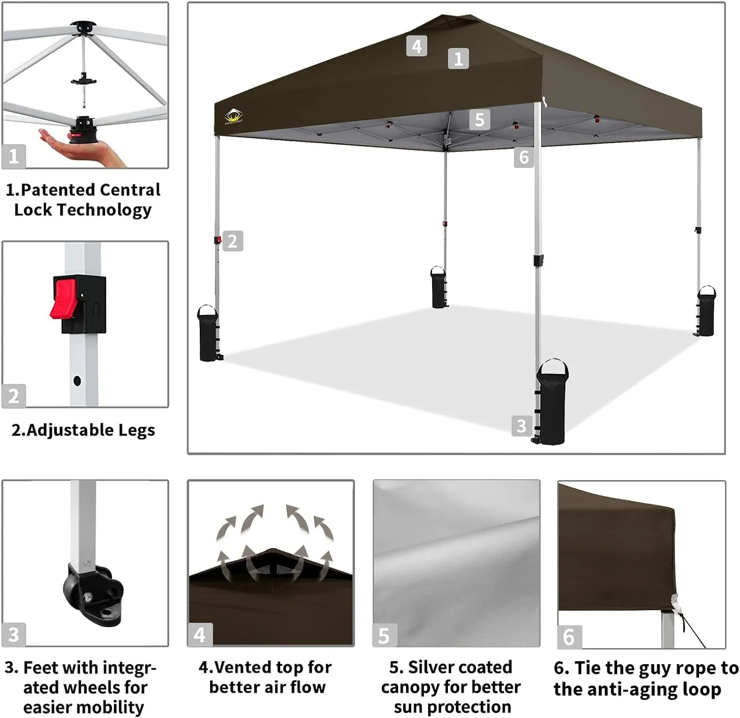 10X10 Pop up Canopy - Beach Tent with One Push Setup - Outdoor Sun Shade for Events, Parties, Camping - Gazebo with Sto-N-Go Cover Bag, Silver Coated Top, 3 Height& 4 Sand Bags, Coffee