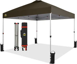 10X10 Pop up Canopy - Beach Tent with One Push Setup - Outdoor Sun Shade for Events, Parties, Camping - Gazebo with Sto-N-Go Cover Bag, Silver Coated Top, 3 Height& 4 Sand Bags, Coffee