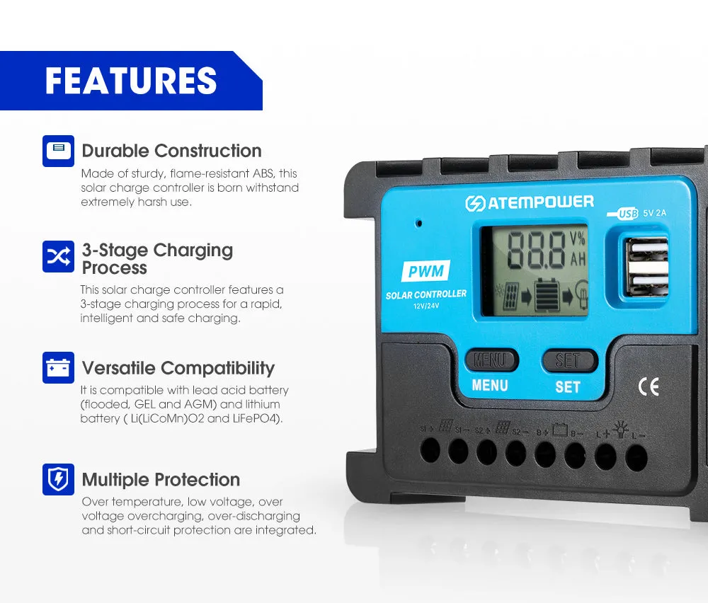 20A Solar Charge Controller 12V 24V Lithium Battery Panel Regulator 2 USB LCD