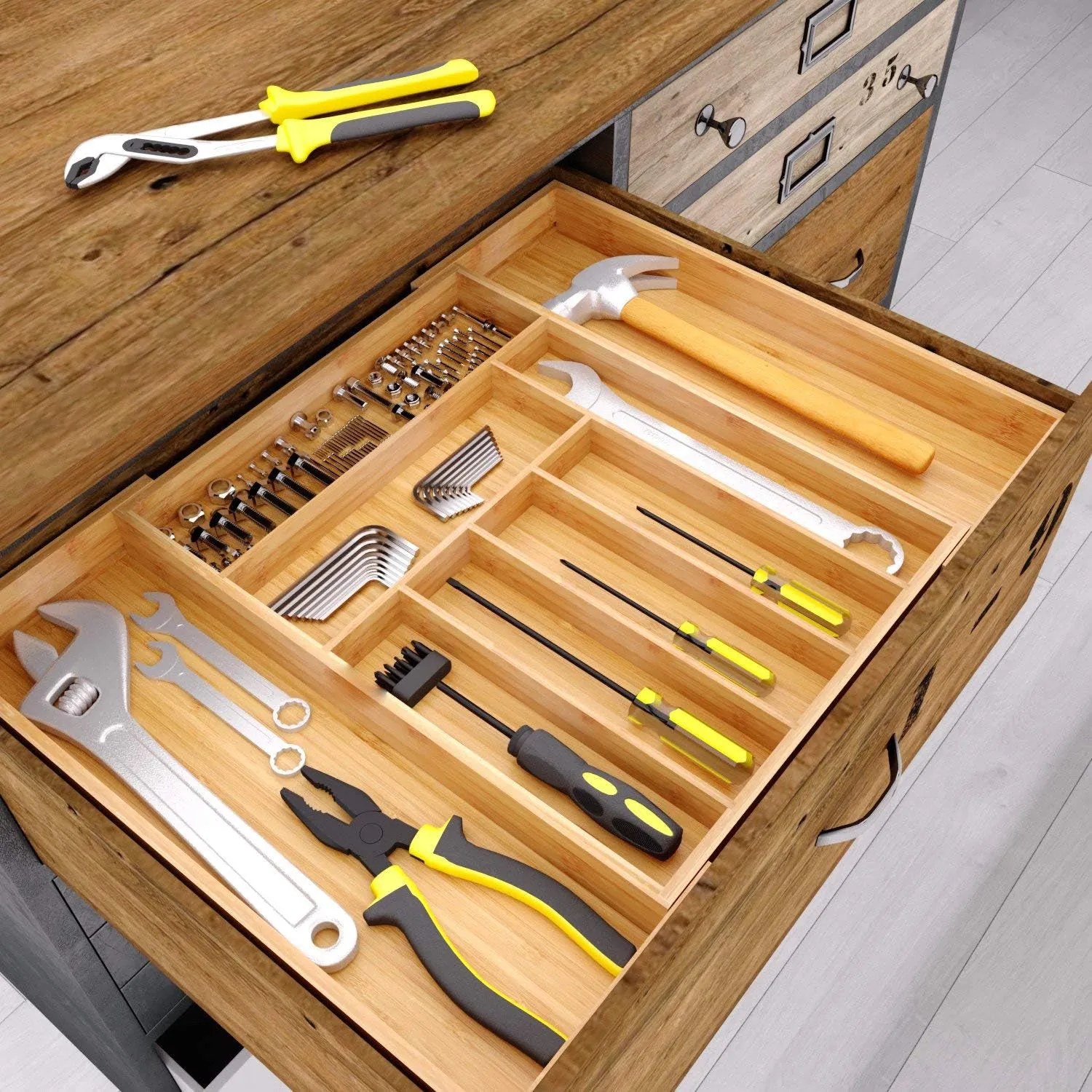 Bamboo Expandable Drawer Organizer for Utensils-9 Compartments