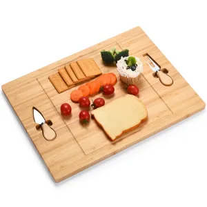 Bamboo Wooden Cheese Board With Knife & Fork Set - Charcuterie Board