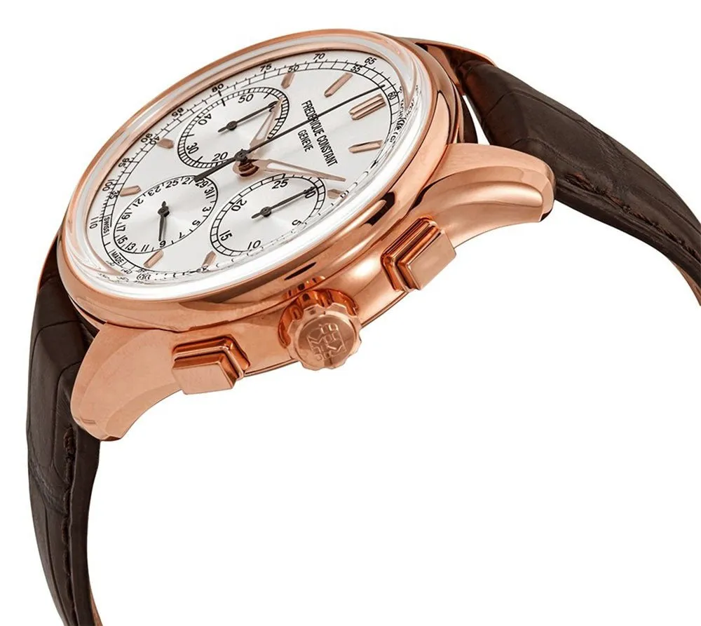 Frederique Constant Flyback Chronograph Manufacture Rose Gold Tone Steel Silver Dial Brown Leather Strap Automatic Mens Watch FC-760V4H4