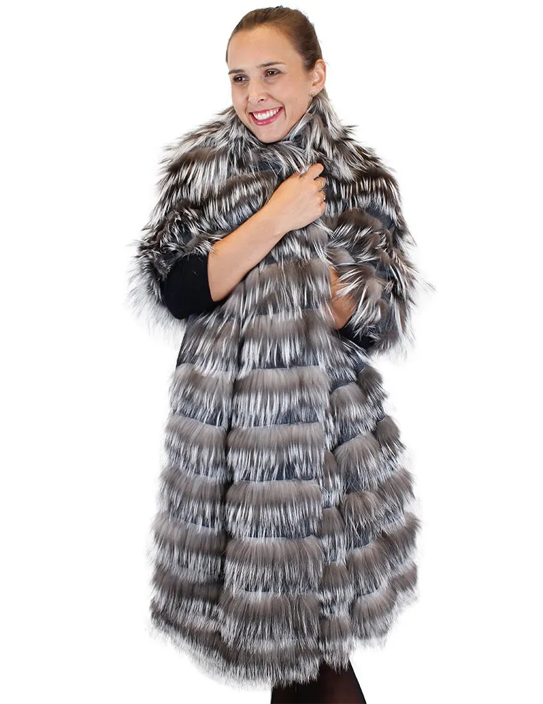 LAYERED SILVER FOX FUR AND GRAY KNITTED CASHMERE WRAP, SHAWL