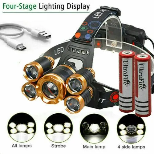 SMAXLuminate™ Ultra-Bright 5 LED Headlamp: Zoom Rechargeable Waterproof Head Light Torch 990000LM