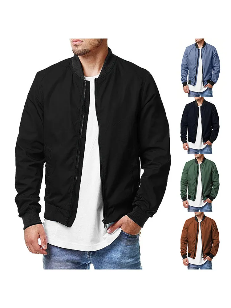 Solid Color Zipper Bomber Jacket