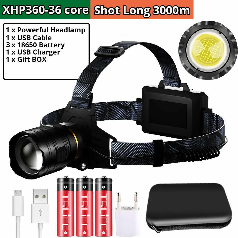 XHP360 36core LED Headlamp usb 18650 Rechargeable waterproof Camping Flashlight Zoomable Head Light Fishing Light