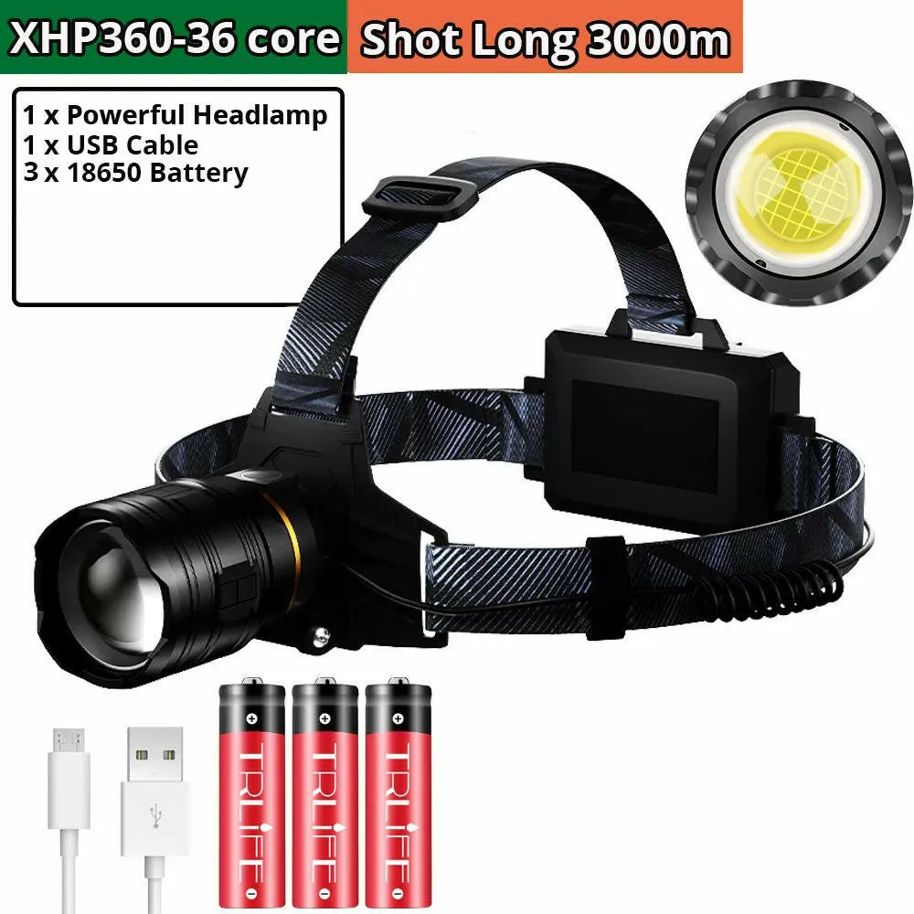 XHP360 36core LED Headlamp usb 18650 Rechargeable waterproof Camping Flashlight Zoomable Head Light Fishing Light